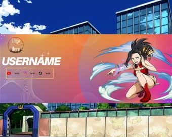 May include: A pink and orange gradient background with a white grid pattern. The text "Logo Here" is in a circle with a green leaf design. The text "USERNAME" is in large white letters. There are four social media icons with the text "Socials" below each icon. The image features a female anime character with long black hair, wearing a red and white outfit, with blue water swirling around her.