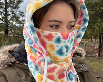 Drawstring Fleece Hood- Colorful Cheetah