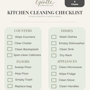 Könnte beinhalten: Eine druckbare und ausfüllbare Küchenreinigungs-Checkliste mit dem Titel The Gentle Checklist. Sie enthält zwei Spalten mit Kontrollkästchen für Aufgaben unter den Kategorien Counters, Dishes, Floors und Appliances, wie zum Beispiel Wipe Counters, Wash Dishes, Sweep Floor und Clean Microwave.