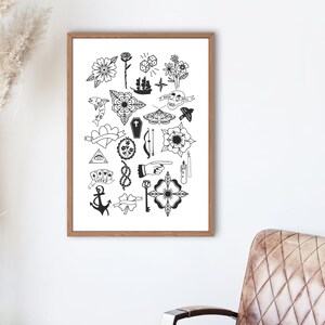 Tattoo Flash Wall Art | Printable Tattoo Sheet | Digital Download | Tattoo-Inspired Home Decor | Old School Ink Style