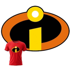 May include: A red short-sleeved t-shirt featuring a graphic print of the Incredibles logo on the chest. The logo consists of a black oval surrounded by an orange border, with a yellow letter i and a yellow circle positioned above it.