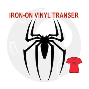 May include: Black spider graphic iron-on vinyl transfer with the text "IRON-ON VINYL TRANSER". A red t-shirt with a matching spider graphic is shown. The spider graphic is on a white background.