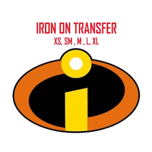 May include: Iron-on transfer featuring the iconic "I" symbol from the movie "The Incredibles". The symbol is orange, yellow, and black. The transfer is available in sizes XS, SM, M, L, and XL.