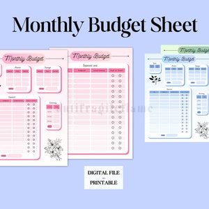 Monatlicher Budget Sheet Tracker - DRUCKBAR - Pink, Grün, Blau Variationen - Drei Größen