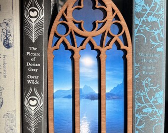 Book Nook Window Blue Lake – Bookshelf Insert Decor – Aesthetic Book Nook – Gift for Book Lovers – Fantasy Shelf Decor