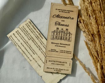 Personalized wooden card – Wedding invitation & save the date in ticket design | Engraved wooden invitation for weddings