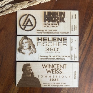 Konzertkarte aus Holz als Andenken, personalisierte Karten, Wunschtext, Billie Eilish, Linkin Park, Helene Fischer, Wincent Weiss Konzert