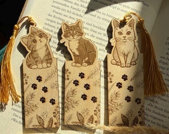 Katze Lesezeichen - personalisiertes Lesezeichen aus Holz - Lesezeichen mit Pfoten Lesezeichen mit Namen Katzenpfoten