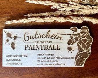 Paintball voucher card personalized, Paintball gift voucher customizable, Paintball voucher made of wood