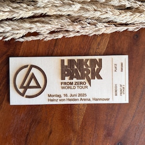 Linkin Park Konzertkarte aus Holz als Andenken oder Geschenk, personalisierte Konzertticket