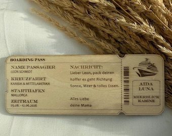 Wooden cruise boarding pass – Personalized magnet as a gift – Customizable travel voucher, travel souvenir, boarding pass