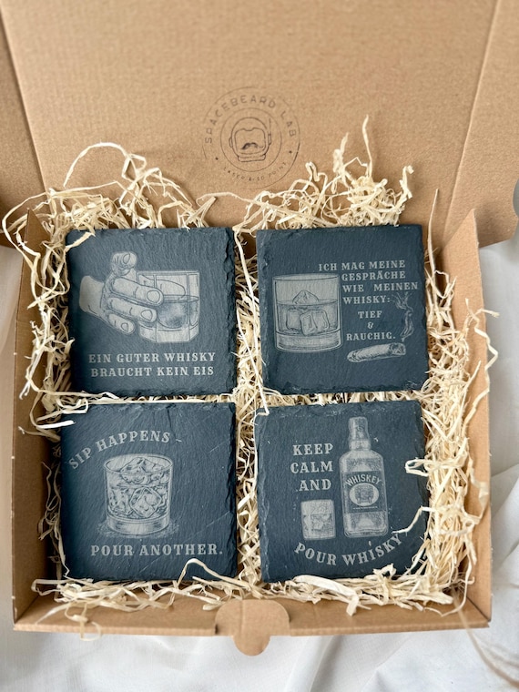 Whisky Untersetzer aus Schiefer Stein - Whisky Geschenk für Whiskey Liebhaber - Barzubehör - Whisky Geschenkbox