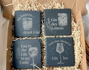 Gin coaster made of slate stone - Gin & Tonic gift for gin lovers - Bar accessories - Gin coaster with engraving - Gin gift box