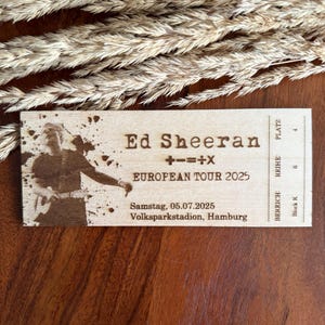 Ed Sheeran Konzertkarte aus Holz als Andenken oder Geschenk, personalisierte Konzertticket