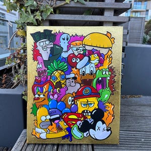 Cartoon pop-art canvas – Spongebob, Mickey, Simpsons | Acryl en gouache met gouden accenten