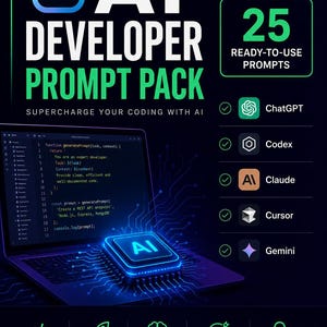 Peut inclure: Un dépliant numérique pour un pack de prompts pour développeurs IA, montrant un ordinateur portable avec du code, une puce IA lumineuse et 25 prompts pour ChatGPT, Codex, Claude, Cursor et Gemini. Le design utilise des icônes et du texte verts.