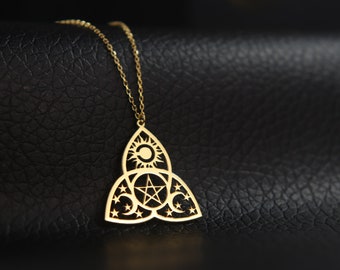 Sterling Silver Triple Moon Pentagram Necklace, Spiritual Goddess Pendant