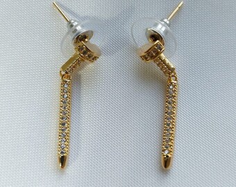 Nail Earrings / Nail Jewelry / Fashionable Gold Colour Earrings / Zircon and Brass Nail Earring