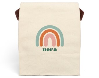 Personalized Kids Boho Rainbow Canvas Lunch Bag, Kids Custom Canvas Lunch Bag, Custom Kids Name Lunch Bag, Cute Kids Lunch Bag, Lunch Tote