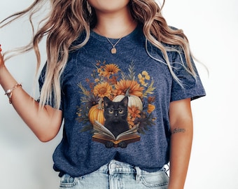 Fall Cottagecore Cat Shirt, Fall Cat Reading T-Shirt, Cottagecore Book Lover Shirt, Fall Floral Cat Lovers Gift, Fall Gift for Teacher