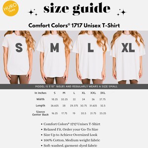 May include: Size chart for a unisex t-shirt in sizes S, M, L, XL, XXL, and 3XL. The chart shows measurements in inches for width, length, sleeve, and center back. The model is 5'10" and 160 lbs and wears a size small. The t-shirt is made of 100% cotton and is soft-washed and garment-dyed.