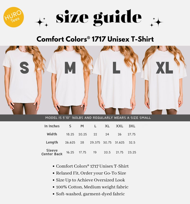 May include: Size chart for a unisex t-shirt in sizes S, M, L, XL, XXL, and 3XL. The chart shows measurements in inches for width, length, sleeve, and center back. The model is 5'10" and 160 lbs and wears a size small. The t-shirt is made of 100% cotton and is soft-washed and garment-dyed.