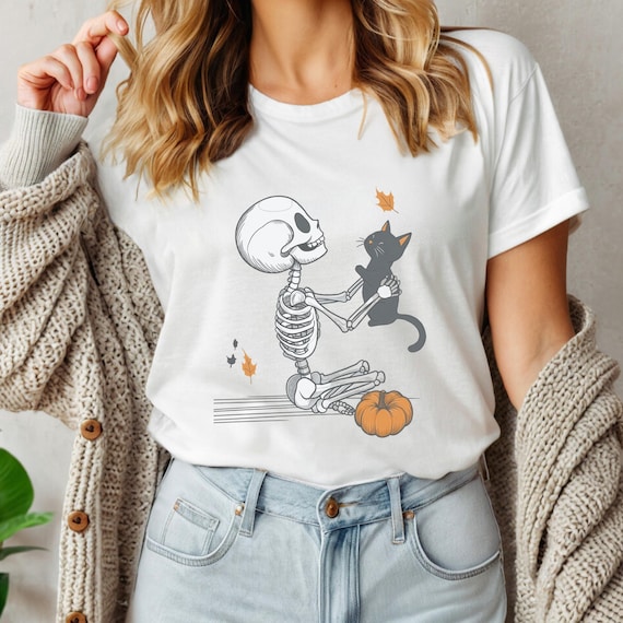 Halloween Cat Shirt, Fall Cat Shirt, Black Cat Skeleton Shirt, Black Cat Lover Shirt, Cat Lady Shirt, Fall Gift for Cat Lover, Cat Mom Gift