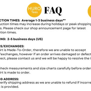 May include: FAQ page for a shop called "HURO Tees" with information about production times, shipping, returns, exchanges, sizes, and shipping address. The text states that production times are 1-3 business days, shipping is 2-5 business days, and returns/exchanges are not accepted. The page also includes a shopping cart icon.
