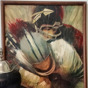1960s Dave Boss NFL Framed Oil Canvas - Washington Redskins Football - Mid Century Sports Wall Art