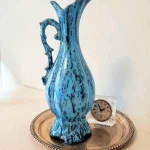 1970s Large Ceramic Ewer Vase - 14.5" Shimmering Blue & Turquoise Splatter Drip Glaze Statement Pitcher