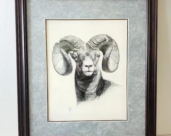 1980s Bighorn Ram Framed Lithograph - Charles H Lacy Signed & Numbered 366/500 - Wildlife Pencil Sketch Art Print