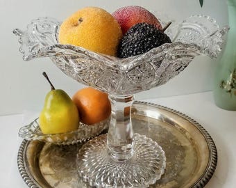 Vintage Imperial Glass Compote Bowl No 402 Fashion Pattern Clear Pedestal Centerpiece - 1950s