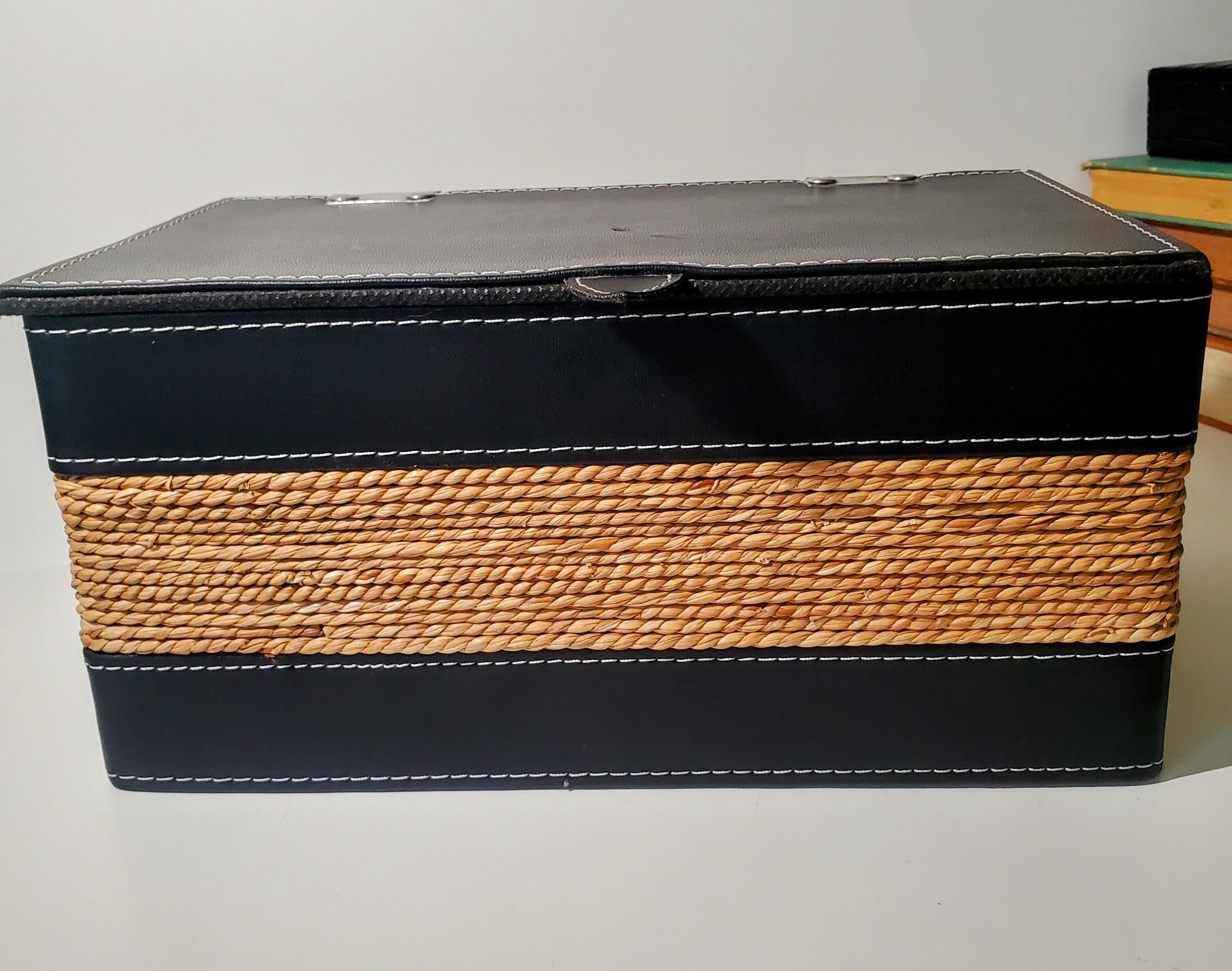 Seagrass Wrapped Storage Box: Vintage Lidded Organizer with Faux Leather Trim