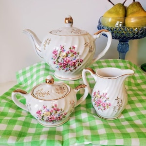 Vintage Japanese Porcelain Tea Set: English Floral Gold Accents, 1960s
