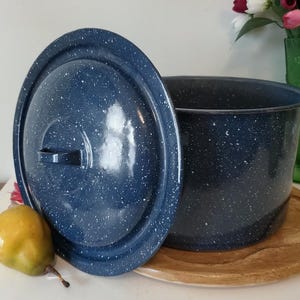 May include: A deep blue enamel stockpot with a white speckled pattern, featuring a matching circular lid with a central handle. The pot has a cylindrical shape and a smooth, glossy finish, presented alongside a single yellow pear.