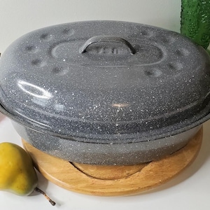 May include: An oval-shaped gray roasting pan with a speckled white finish and a matching lid. The lid features a central handle with the letters USA embossed on it, surrounded by a series of small circular indentations along the rim.