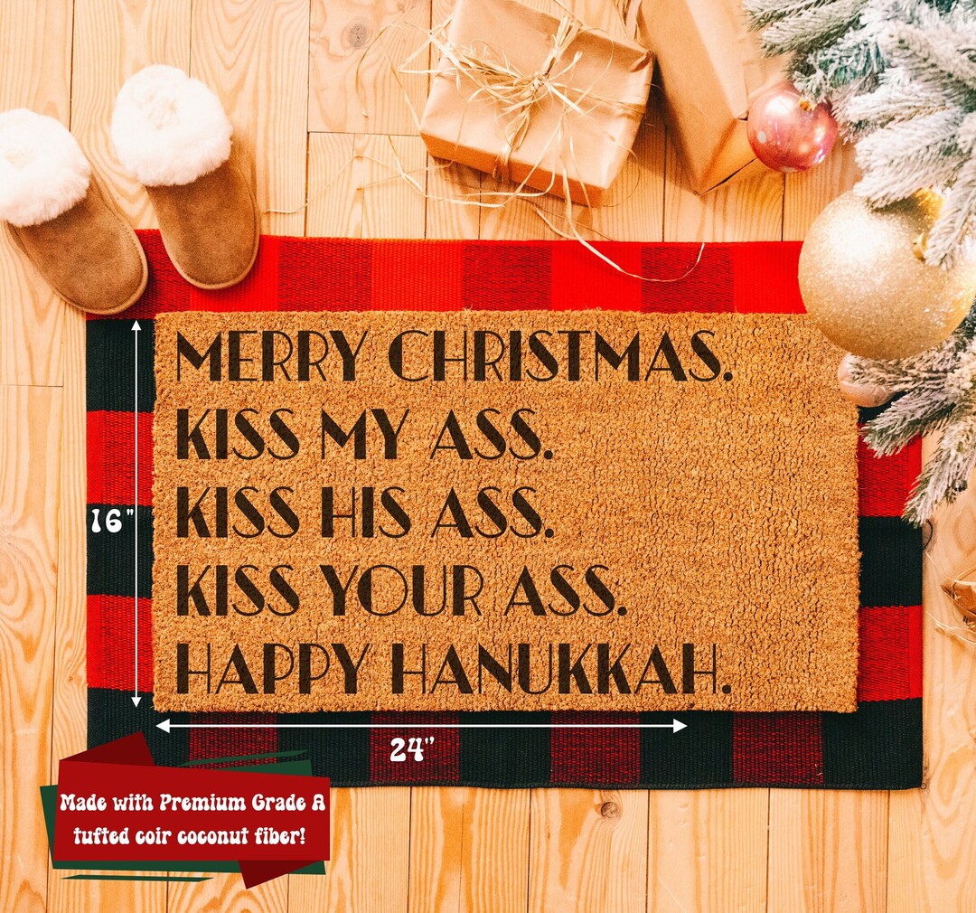Merry Christmas Kiss My Ass Happy Hanukkah Christmas Door Mat, Vacation