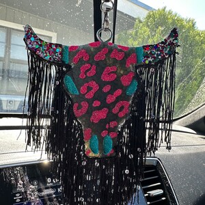 Leopard Bull Skull Car Freshie with Fringe