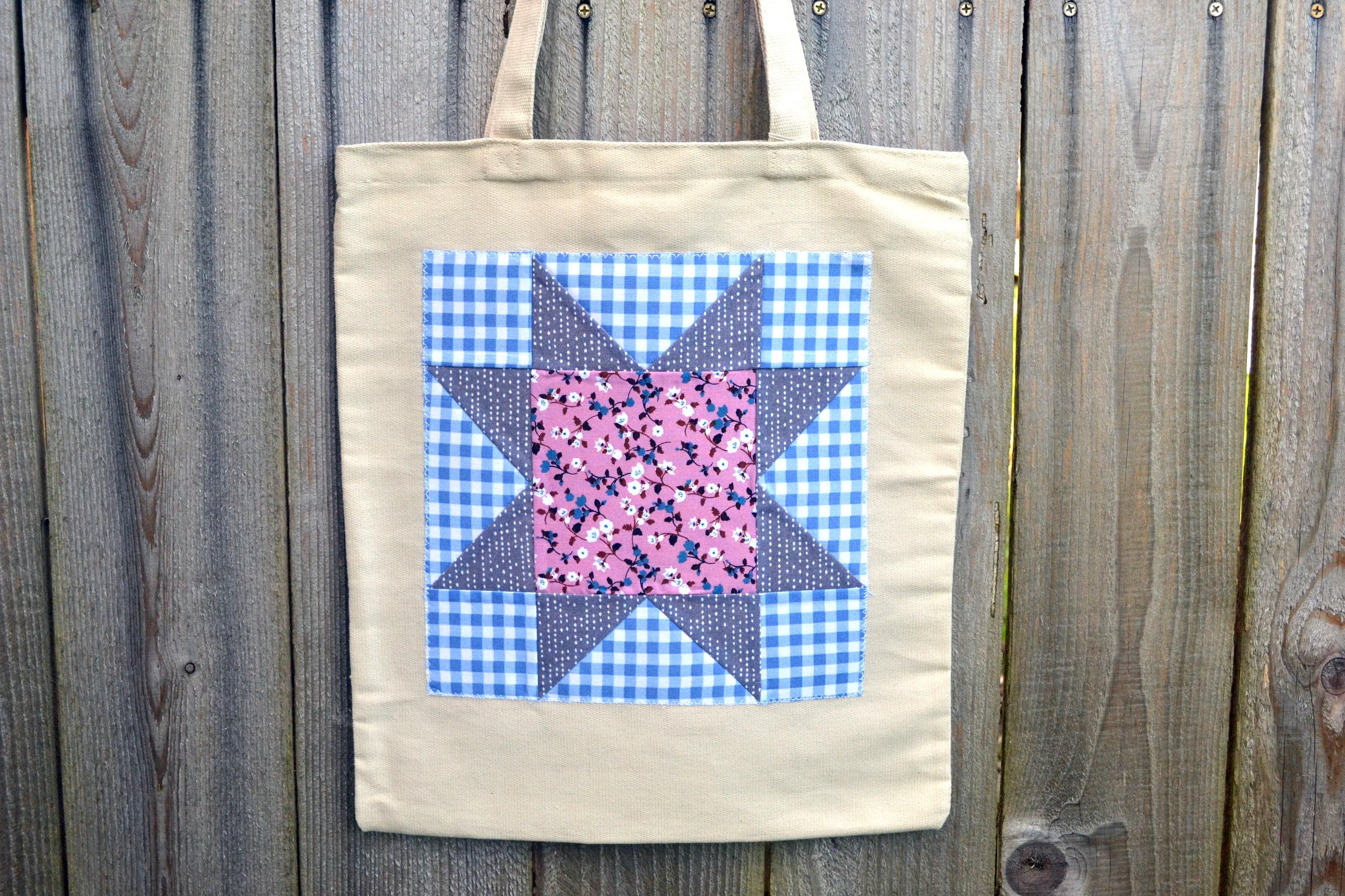 Green Gingham Quilted Tote Bag – Handmade Cotton Shoulder Bag with Blue Piping