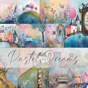 Lot de 24 papiers de fond pastel maisons techniques mixtes 11 x 8,5 journaux indésirables, cottages fantaisistes colorés, carte de bricolage collage cottagecor CU