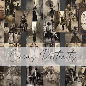 Lot de 34 photos artistiques de portrait de cirque sépia vintage, vieilles bizarreries victoriennes, carnaval excentrique lunatique, bricolage imprimable Junk Journal, CU