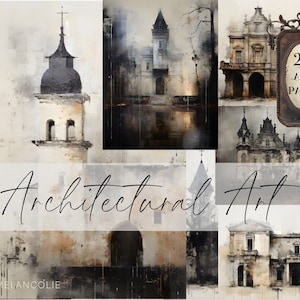 Pakiet 26 dokumentów dotyczących tła architektonicznego, 11 x 8,5 stron dziennika śmieci, szkice akwarelowe historycznych domów, karty kolażowe