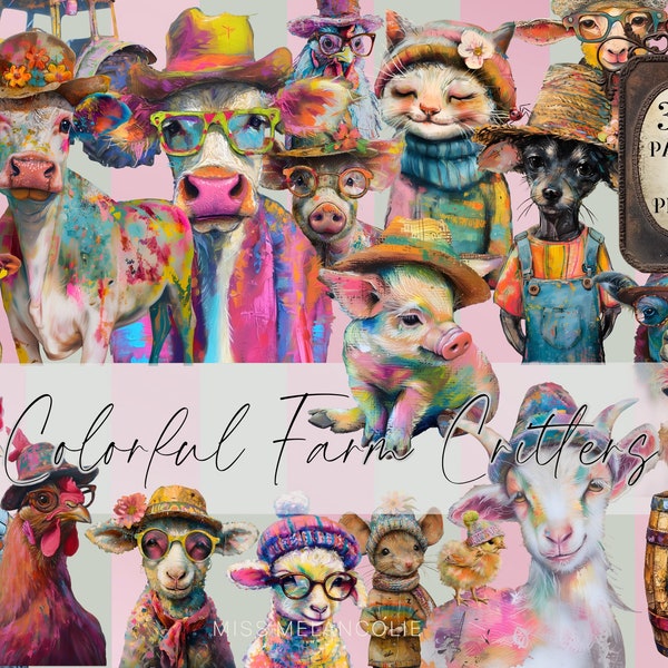 35 Whimsical Quirky Colorful Farm Animal Bundle Png, clipart, Junk Journal collage pages, 5 fussy cut sheets, humorous Cow, sheep, fun pig