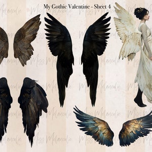 Gothic inspired imagery, with commercial use license. This fussy cut sheet has 4 sets of angel wings in beige brown, peacock blue, blackish brown. 1 beautiful side profile angel wearing black boots, cream dress & cream wings. Painterly style realism.