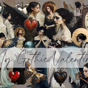 My gothic valentine junk journaling kit has  beautiful gothic themed beauties with accessories like angel wings ornate hearts, goblets, rusted keys, and a snow globe. All in png format with transparent backgrounds. plus 16 gothic scenery backdrops