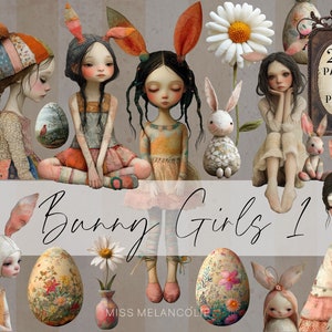 22 lindas conejitas con huevos bordados png, paquete de material efímero de conejo, diario basura de 11 x 8,5, kit de collage de Pascua caprichoso, corte quisquilloso en colores pastel