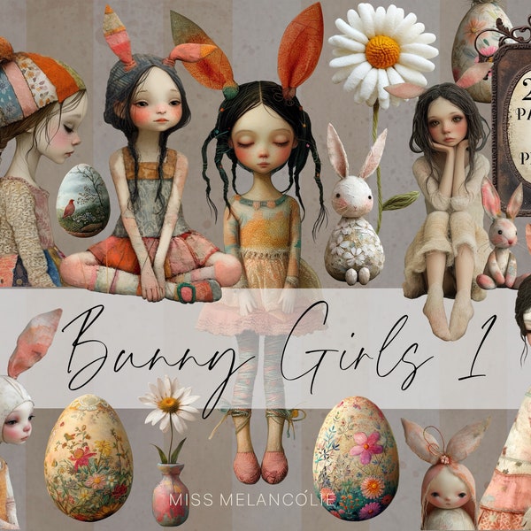 22 Cute Bunny Girls with Embroidered Eggs png, Rabbit Ephemera Bundle, 11 x 8.5 Junk Journal, Whimsical Easter collage kit, pastel fussy cut