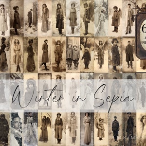 Kit de 64 fotografías de retratos de invierno en sepia vintage. Paquete de fotografías victorianas envejecidas y artísticas en formato jpeg, páginas de diario basura, hojas de collage imprimibles para hacer tú mismo