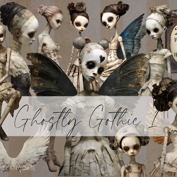 25 Ghostly Gothic Angel Ephemera Kit, Dark Edgy Whimsi Goth Bundle png, 11 x 8.5 Junk Journal Page printable, Angelic ghost girl collage kit