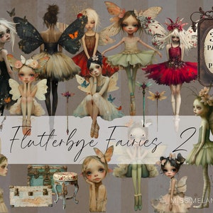 34 Whimsical Fairies Bundle Png, clipart, strony kolażu Junk Journal, 3 arkusze do cięcia, zestaw efemeryd wróżek, do pobrania sztuka korony wróżek